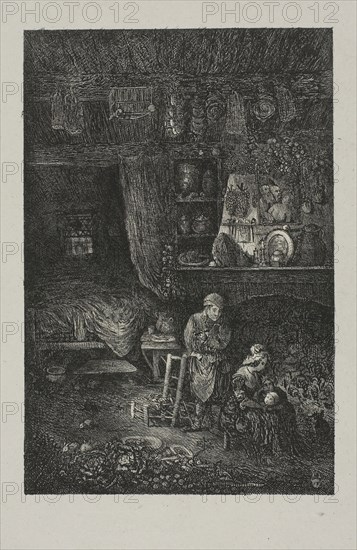 Flemish Interior, 1856, Rodolphe Bresdin, French, 1825-1885, France, Lithograph (etching transfer) on light gray China paper laid down on off-white wove paper, 159 × 105 mm (image), 189 × 124 mm (chine), 327 × 251 mm (sheet)