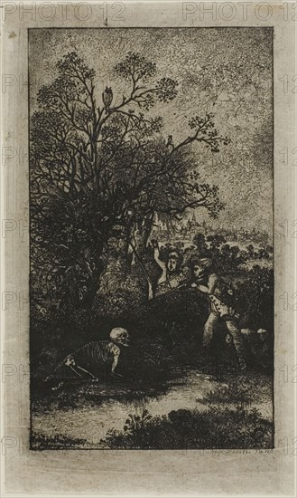 Hunters Surprised by Death, 1857, Rodolphe Bresdin, French, 1825-1885, France, Etching on light gray chine, 108 × 64 mm (image), 126 × 75 mm (sheet)