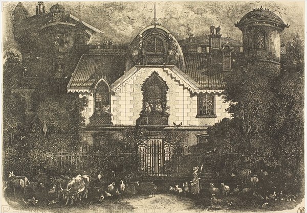 The Enchanted House, 1871, Rodolphe Bresdin, French, 1825-1885, France, Lithograph (etching transfer) on cream China paper laid down on white wove paper, 172 × 243 mm (image/chine), 443 × 298 mm (sheet)