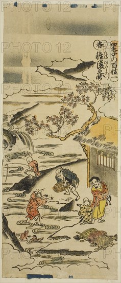 Spring: Soaking Rice Grains (Haru: tanehitashi no zu), No. 1 from the series The Four Seasons of Farmers (Shiki no hyakusho), c. 1730s, Torii Kiyomasu II, Japanese, 1706 (?)–1763 (?), Japan, Hand-colored woodblock print, hosoban, urushi-e, 12 1/8 x 5 1/8 in.