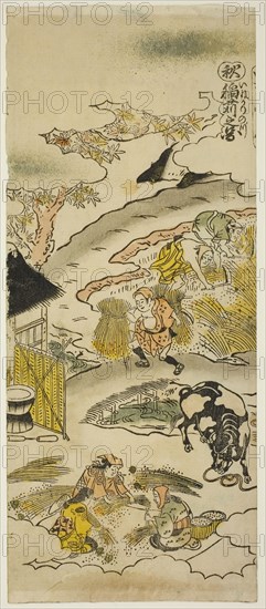 Autumn: Harvesting Rice (Aki: inekari no zu), No. 3 from the series The Four Seasons of Farmers (Shiki no hyakusho), c. 1730s, Torii Kiyomasu II, Japanese, 1706 (?)–1763 (?), Japan, Hand-colored woodblock print, hosoban, urushi-e, 31 x 13 cm (12 3/16 x 5 /8 in.)