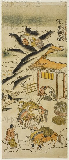 Winter: Storing Rice (Fuyu: kome osame no zu), No. 4 from the series The Four Seasons of Farmers (Shiki no hyakusho), c. 1730s, Torii Kiyomasu II, Japanese, 1706 (?)–1763 (?), Japan, Hand-colored woodblock print, hosoban, urushi-e, 12 1/8 x 5 1/8 in.