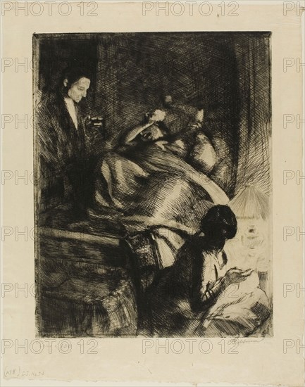 Delivery, plate three from Woman, c. 1886, Albert Besnard, French, 1849-1934, France, Etching and drypoint and aquatint on cream Japanese paper, 317 × 247 mm (image/plate), 394 × 312 mm (sheet)