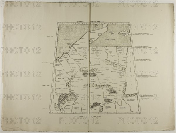 Quarta Europe Tabula: Ptolemaeus Romae 1490, 1490, reprinted 1889, Unknown Artist, English, 19th century, England, Woodcut in black on cream laid paper