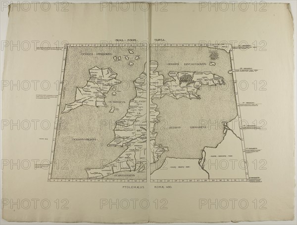 Prima Europe Tabula: Ptolemaeus Romae 1490, 1490, reprinted 1889, Unknown Artist, English, 19th century, England, Woodcut in black on cream laid paper