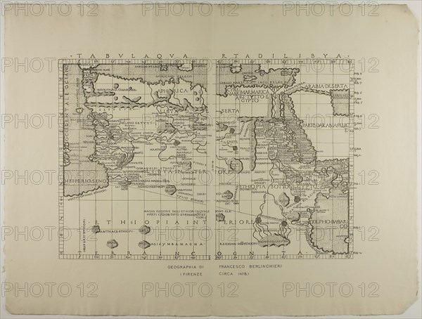 Map of Libya, the Middle East and North Africa, 1478, reprinted 1889, Unknown Artist (English, 19th century), reproduction after a map by Francesco Berlinghieri (Italian, 1440-1501), Italy, Lithograph on cream laid paper, 512 x 685 mm