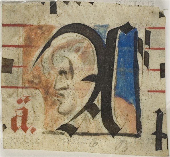 Decorated Initial with Grotesque in Profile from a Choir Book, early 15th century, European, Europe, Manuscript cutting in tempera, with inscriptions in black and red inks, on vellum, 75 × 82 mm