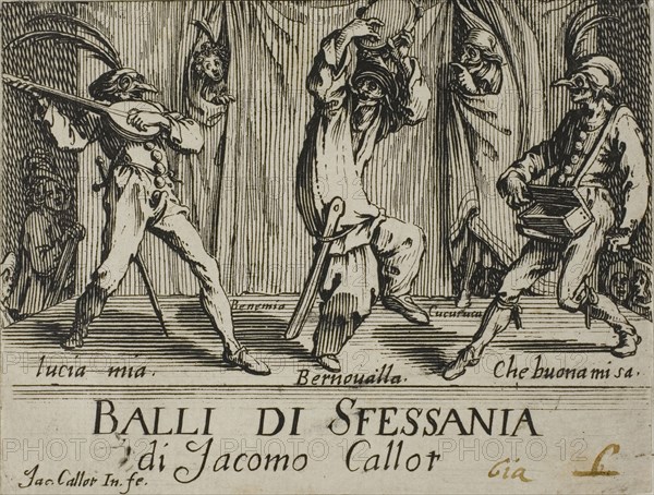Frontispiece, from Balli di Sfessania, c. 1622, Jacques Callot, French, 1592-1635, France, Etching and engraving on paper, 70 × 92 mm