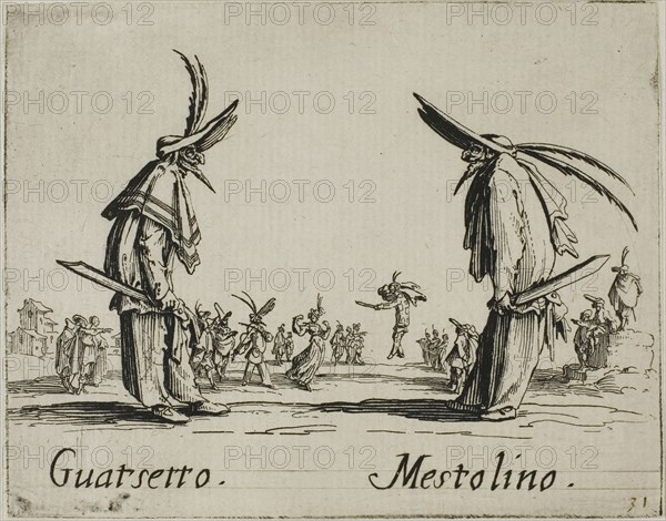 Scaramucia, Fricasso, from Balli di Sfessania, c. 1622, Jacques Callot, French, 1592-1635, France, Etching and engraving on paper, 70 × 92 mm