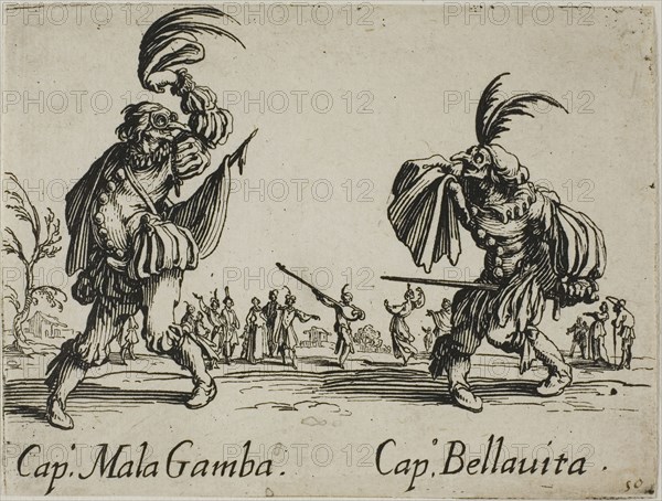 Cap. Bonbardon, Cap. Grillo, from Balli di Sfessania, c. 1622, Jacques Callot, French, 1592-1635, France, Etching and engraving on paper, 70 × 92 mm