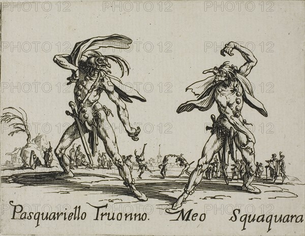 Cap. Esgangarato, Cap. Cocodrillo, from Balli di Sfessania, c. 1622, Jacques Callot, French, 1592-1635, France, Etching and engraving on paper, 70 × 92 mm