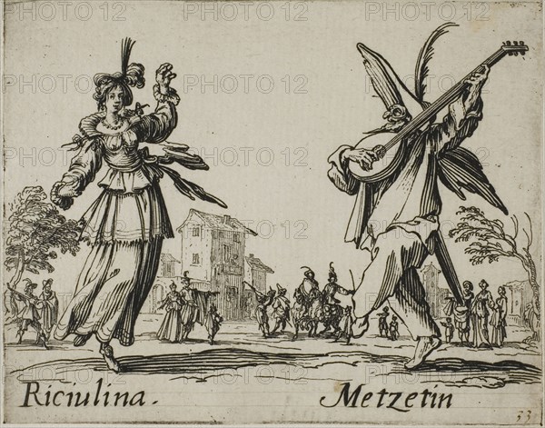 Fracischina, Gian Farina, from Balli di Sfessania, c. 1622, Jacques Callot, French, 1592-1635, France, Etching and engraving on paper, 70 × 92 mm