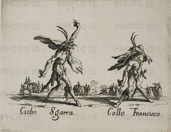 Pasquariello Truonno, Meo Squaquara, from Balli di Sfessania, c. 1622, Jacques Callot, French, 1592-1635, France, Etching and engraving on paper, 70 × 92 mm