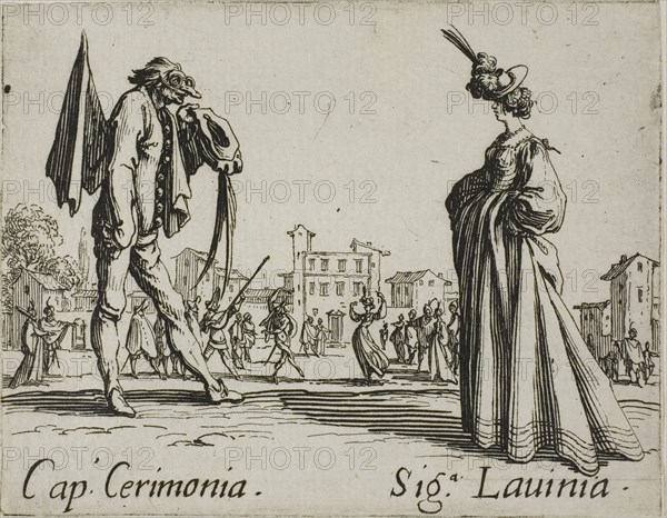 Smaraolo Cornuto and Ratsa di Boio, rom Balli di Sfessania, c. 1622, Jacques Callot, French, 1592-1635, France, Etching and engraving on paper, 70 × 92 mm
