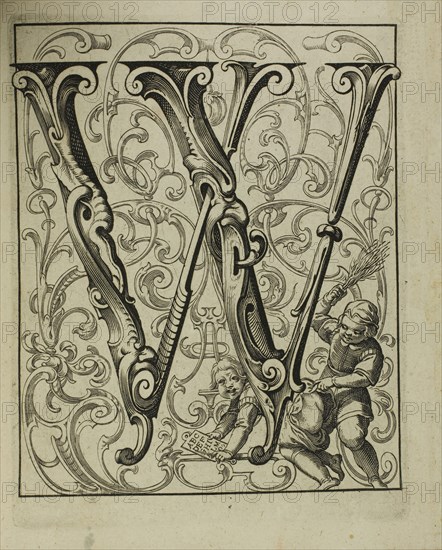 Alphabet, 1627, Lucas Kilian, German, 1579-1637, Germany, Book with 24 etchings, bound in crimson levant with marbled endpapers, outer slip case, 168 x 142 mm (sheet), 170 x 150 (binding closed)