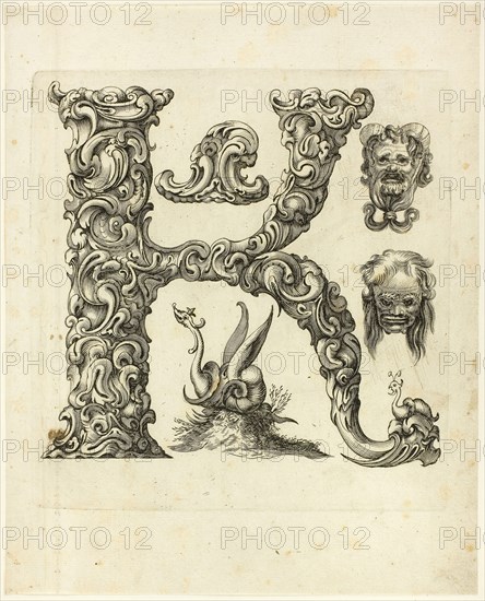 Letter K, 1630, Peter Aubry, German, 1596-1668, Germany, Engraving on paper, 260 x 210 mm
