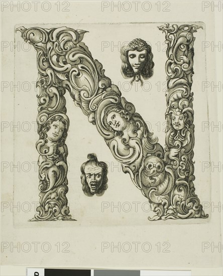 Letter N, 1630, Peter Aubry, German, 1596-1668, Germany, Engraving on paper, 226 x 189 mm