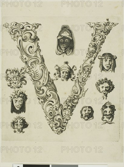 Letter V, 1630, Peter Aubry, German, 1596-1668, Germany, Engraving on paper, 239 x 181 mm