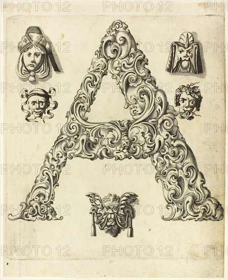 Letter A, 1630, Peter Aubry, German, 1596-1668, Germany, Engraving on paper, 263 x 214 mm