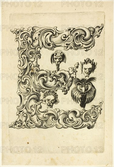 Letter E, 1630, Peter Aubry, German, 1596-1668, Germany, Engraving on paper, 255 x 173 mm