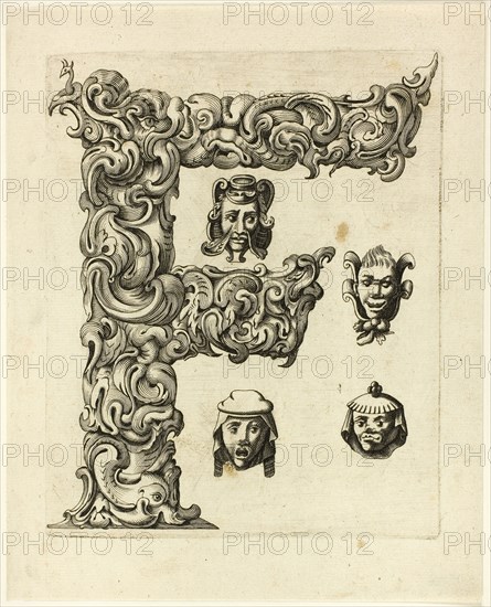 Letter F, 1630, Peter Aubry, German, 1596-1668, Germany, Engraving on paper, 217 x 174 mm