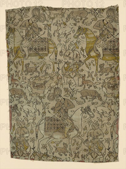 Fragment, first half of the 17th century, Iran, Iran, Silk, gilt-metal-strip-wrapped silk, satin weave foundation with a supplementary twill weave and brocading wefts, 48.6 x 34.93 cm (19 1/8 x 13 3/4 in.)