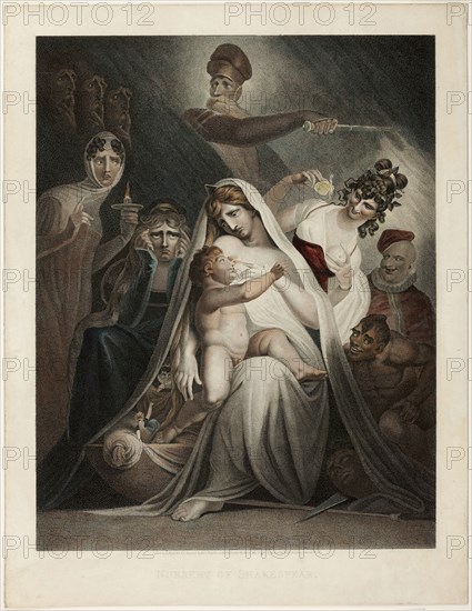 The Nursery of Shakespeare, 1810, Moses Haughton II (English, 1772/74-1848), after Henry Fuseli (Swiss, active in England, 1741-1825), England, Stipple engraving, with hand-coloring, on cream wove paper, 518 × 403 mm (image), 607 × 469 mm (sheet)