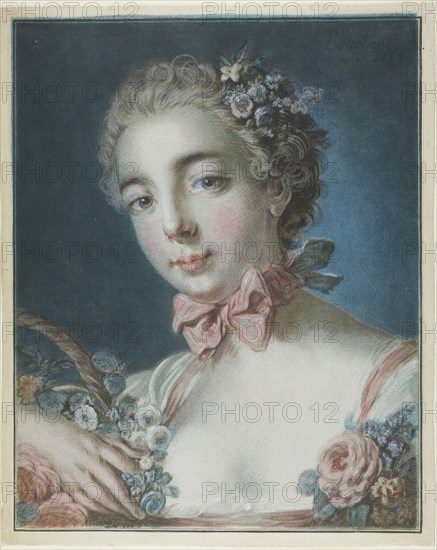 Head of Flora, July 3, 1769, Louis-Marin Bonnet (French, 1736-1793), after François Boucher (French, 1703-1770), France, Color pastel-manner engraving and crayon-manner engraving on cream laid paper, 407 × 325 mm (image), 428 × 345 mm (sheet)