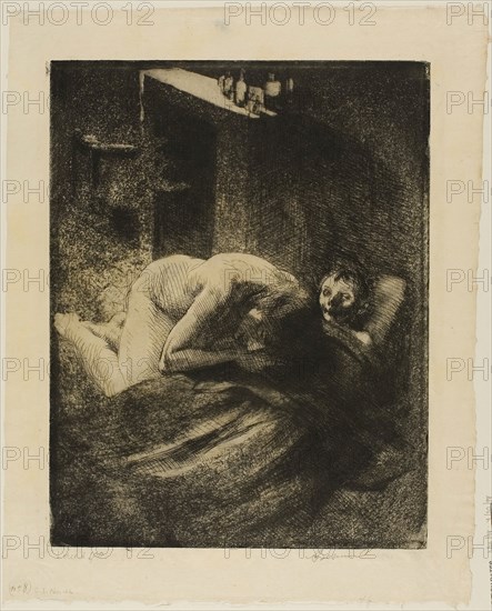 Misery, plate nine from Woman, c. 1886, Albert Besnard, French, 1849-1934, France, Etching and aquatint in black on cream Japanese paper, 318 × 246 mm (image/plate), 389 × 310 mm (sheet)