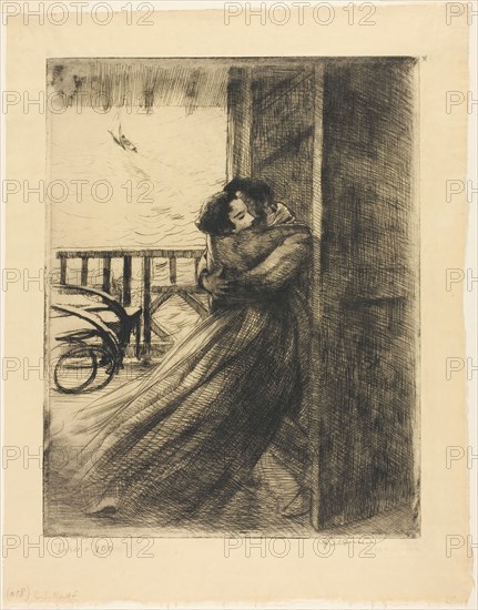 Love, plate two from Woman, c. 1886, Albert Besnard, French, 1849-1934, France, Etching, drypoint and retroussage inking in black ink on cream Japanese paper, 317 × 248 mm (image/plate), 395 × 310 mm (sheet)