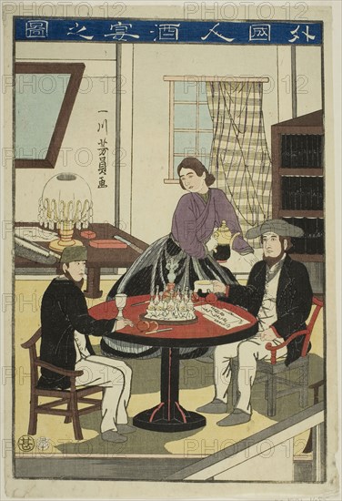 Foreigners Drinking Wine (Gaikokujin shuen no zu), 1860, Utagawa Yoshikazu, Japanese, active c. 1850–70, Japan, Color woodblock print, oban