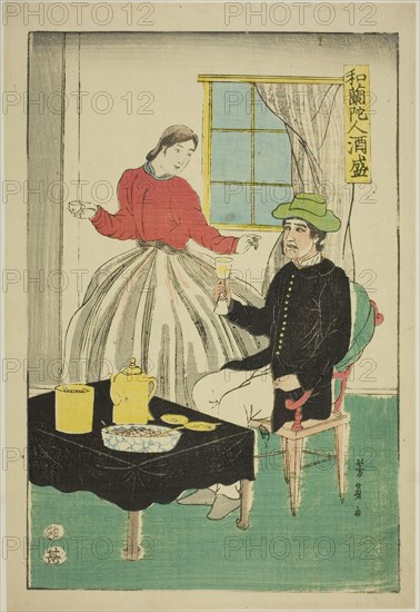 Dutch Couple Drinking Wine (Orandajin sakamori), 1861, Utagawa Yoshikazu, Japanese, active c. 1850–70, Japan, Color woodblock print