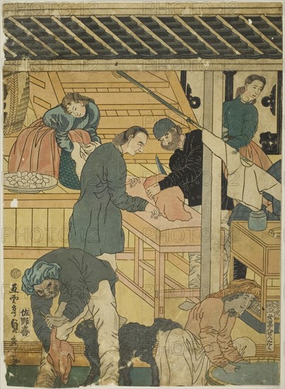 Sales Room at a Foreign Merchant Shop in Yokohama (Yokohama ijin shokan uriba no zu), 1861, Utagawa Sadahide, Japanese, 1807-1873, Japan, Color woodblock print, right sheet of oban triptych