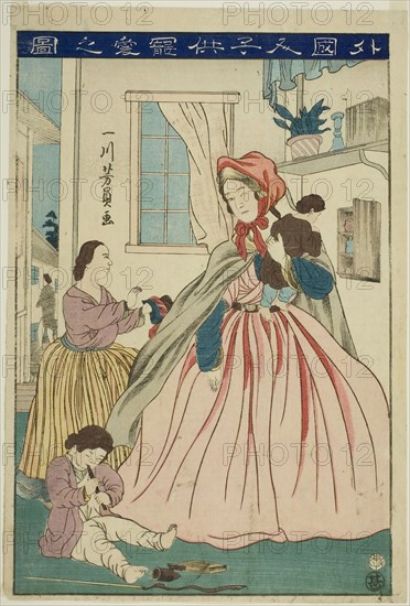 Foreigner Caring for Her Children (Gaikokujin kodomo choai no zu), 1860, Utagawa Yoshikazu, Japanese, active c. 1850–70, Japan, Color woodblock print, oban