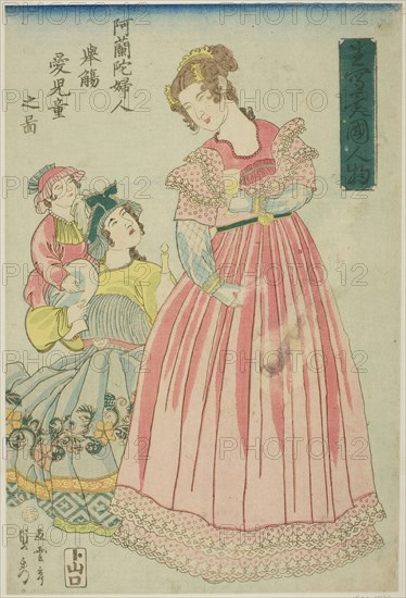 Dutch Woman Making a Toast to Her Children (Oranda fujin kyosho aijido no zu), from the series Foreigners Drawn from Life (Ikiutsushi ikoku jinbutsu), 1860, Utagawa Sadahide, Japanese, 1807-1873, Japan, Color woodblock print, oban