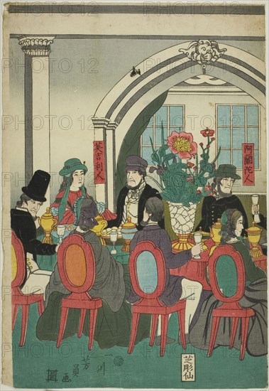 Foreigners from Five Nations at a Banquet (Gokakoku ijin shuen no zu), 1861, Utagawa Yoshikazu, Japanese, active c. 1850-70, Japan, Color woodblock print, center sheet of oban triptych