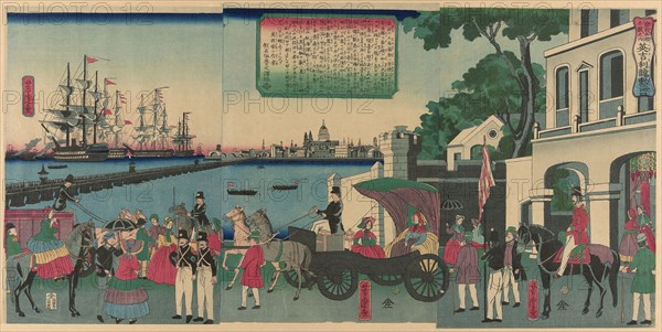 The Port of London, England (Igirisu Rondon no kaiko), from the series Collection of Scenic Places in Foreign Lands (Bankoku meisho zukushi no uchi), 1862, Utagawa Yoshitora, Japanese, active c. 1836-87, Japan, Color woodblock print, oban triptych