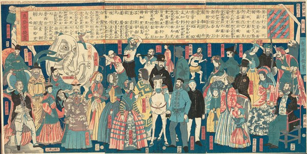 Picture of Men and Women from Many Countries (Bankoku danjo jinbutsu zue), 1861, Ochiai Yoshiiku, Japanese, 1833-1904, Japan, Color woodblock print, oban triptych, 36.6 x 72.5 cm