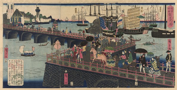 The Great Harbor in London, England (Egirisu, Rondon taiko), 1862, Utagawa Hiroshige II (Shigenobu), Japanese, 1826–1869, Japan, Color woodblock print, oban triptych