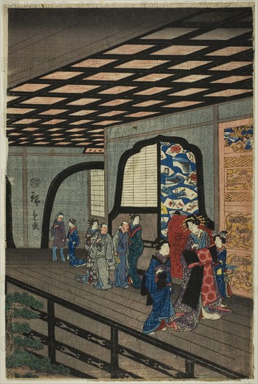 Upper Floor of the Gankiro in Yokohama (Yokohama Gankiro age), 1860, Utagawa Hiroshige II (Shigenobu), Japanese, 1826–1869, Japan, Color woodblock print, left sheet of oban triptych