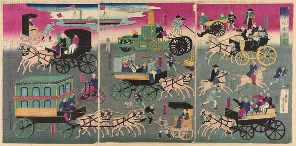 Vehicles on the Streets of Tokyo (Tokyo orai kuruma zukushi), 1870, Utagawa Yoshitora, Japanese, active c. 1836-87, Japan, Color woodblock print, oban triptych