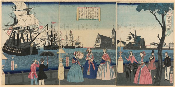 England (Igirisu koku), 1865, Utagawa Yoshitora, Japanese, active c. 1836-87, Japan, Color woodblock print, oban triptych