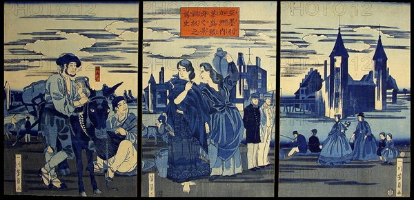 Sketch of a Copperplate Print of the City of Washington (Amerika shu no uchi washintonfu no kei doban no utsushi), 1861, Utagawa Yoshikazu, Japanese, active c. 1850–70, Japan, Color woodblock print, oban triptych, 36.0 x 73.6 cm