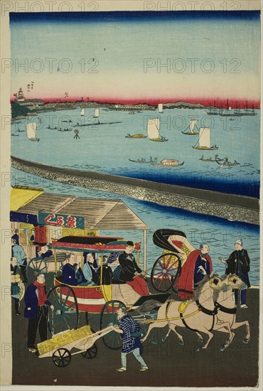 Picture of the Steam Engine Railway in Yatsuyama, Tokyo (Tokyo Yatsuyama shita kaigan jokisha tetsudo no zu), c. 1871, Utagawa Hiroshige III, Japanese, 1842-1894, Japan, Color woodblock print, oban triptych