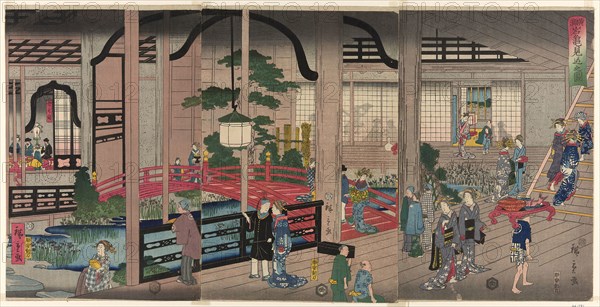The Interior of the Gankiro in Yokohama (Yokohama Gankiro mikomi no zu), 1860, Utagawa Hiroshige II (Shigenobu), Japanese, 1826-1869, Japan, Color woodblock print, oban triptych