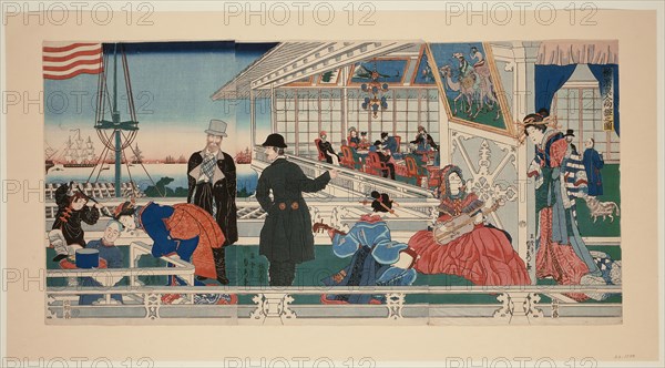 An American Mercantile Building in Yokohama (Yokohama ijin shokan no zu), 1861, Utagawa Sadahide, Japanese, 1807-1873, Japan, Color woodblock print, oban triptych, 37.0 x 75.7 cm