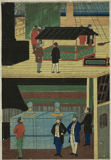 Interior of an American Steamship (Amerikakoku jokisen-chu no zu), 1861, Utagawa Yoshikazu, Japanese, active c. 1850-70, Japan, Color woodblock print, oban triptych