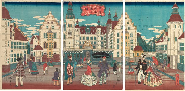 A Picture of Prosperity: America (Amerika shin no zu), 1861, Utagawa Hiroshige II (Shigenobu), Japanese, 1826-1869, Japan, Color woodblock print, oban triptych, 37.2 x 75.2 cm