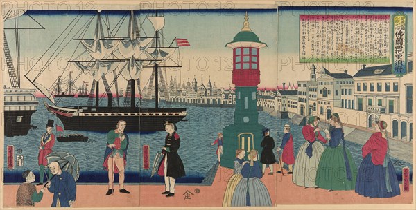 Paris, France (Furansu Parisu no fu), from the series Collection of Scenic Places in Foreign Lands (Bankoku meisho zukushi no uchi), 1862, Utagawa Yoshitora, Japanese, active c. 1836-87, Japan, Color woodblock print, oban triptych