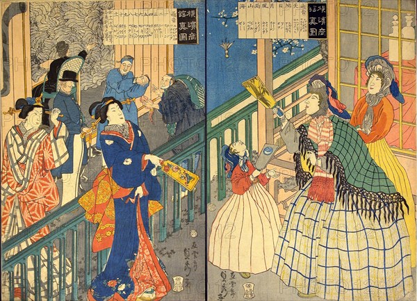 True View of a Yokohama Mercantile House (Yokohama shokan shinzu), 1861, Utagawa Sadahide, Japanese, 1807-1873, Japan, Color woodblock print, oban diptych (part of a triptych)